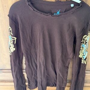 Embroidered Brown Long Sleeve Top